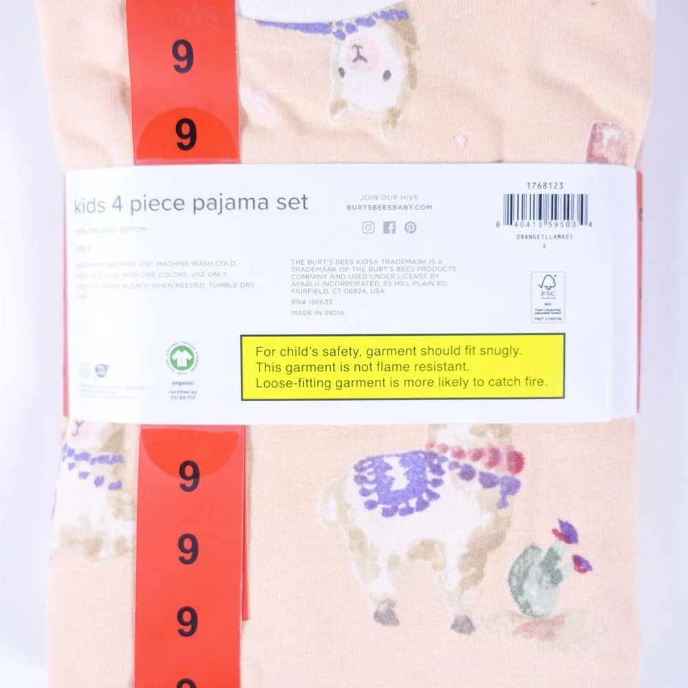 Burts Bees Kids 4 Piece Pajama Set 6 Organic Cotton Floral Llama Orange NEW